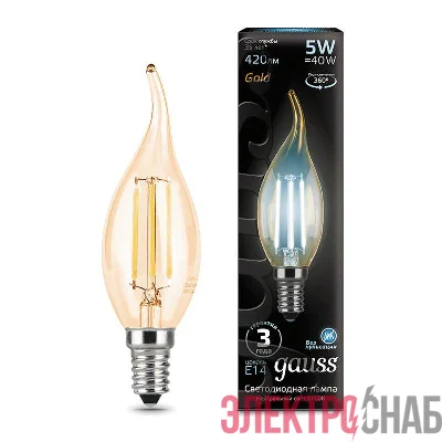 Лампа светодиодная филаментная Black Filament 5Вт свеча на ветру золотая 4100К нейтр. бел. E14 420лм GAUSS 104801805