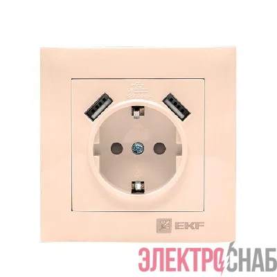 Розетка 1-м СП Валенсия 16А IP20 с заземл. защ. шторки с 2-мя заряд. устройствами USB 2.1А крем. PROxima EKF EWR16-028-20-2USB