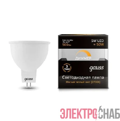 Лампа светодиодная Black MR16 5Вт 3000К тепл. бел. GU5.3 500лм 180-265В диммир. Gauss 101505105-D