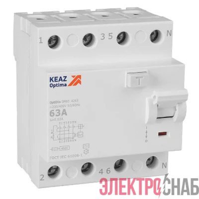 Выключатель дифференциального тока (УЗО) 4п 63А 30мА тип AC 4.5кА OptiDin DM63-4263 УХЛ4 КЭАЗ 343893