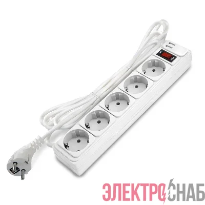 Удлинитель с сетевым фильтром 5х5м с заземл 10А 2.2кВт IP20 2хUSB ПВС 3х1 с выкл. бел. DOMTOK 2566