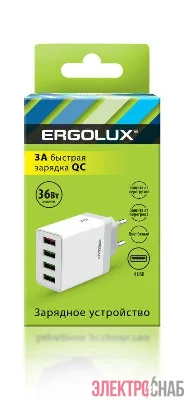 Адаптер сетевой ELX-РA02QC-C01 36Вт 4USB 100-220В 5-9В/3А 1QC+3/3А коробка бел. Ergolux 15292