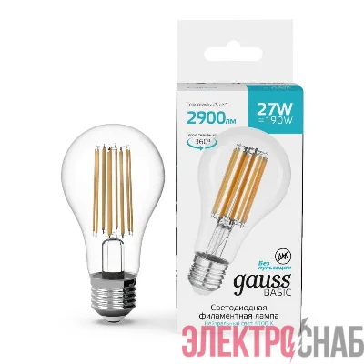Лампа светодиодная филаментная Basic Filament А70 27Вт 4100К Е27 2900лм GAUSS 40712272