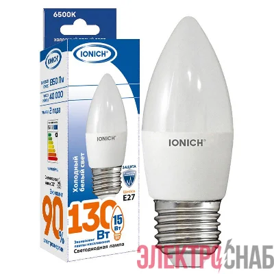 Лампа светодиодная C37 15Вт свеча 6500К E27 230В IONICH 1903