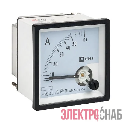 Амперметр аналоговый AM-A721 на панель 72х72 квадрат. вырез 50А прям. подкл. EKF am-a721-50/ama-721-50