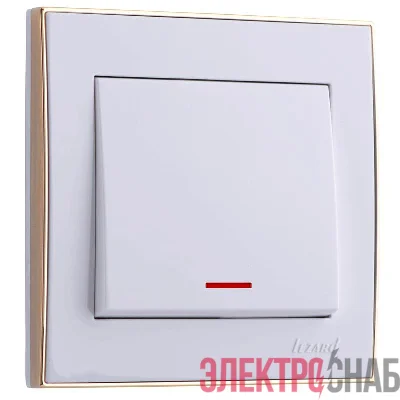 Выключатель 1-кл. СП Rain 10А IP20 с подсветкой с зол. боковой вставкой бел. LEZARD 703-0226-111