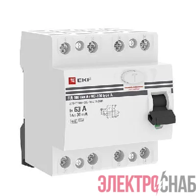 Выключатель дифференциального тока (УЗО) 4п 63А 30мА тип A ВД-100 электрон.PROxima EKF elcb-4-63-30-e-a-pro