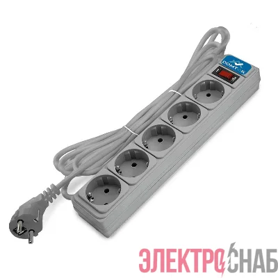 Удлинитель с сетевым фильтром 5х5м с заземл 10А IP20 2.2кВт ПВС 3х1 с выкл. сер. DOMTOK 2534