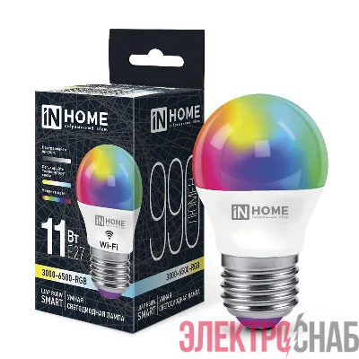 Лампа светодиодная LED-ШАР-RGBW-SMART 11Вт 3000-6500К E27 990лм 230В димм. IN HOME 4690612050058