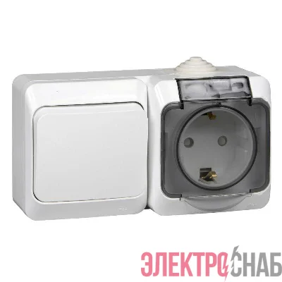 Блок ОП Этюд (1-м розетка 16А 250В евростандарт с заземл. защ. шторки + 1-кл. перекл.) IP44 бел. SE BPA16-246B