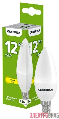 Лампа светодиодная C35 12Вт свеча 3000К E14 230В GENERICA LL-C35-12-230-30-E14-G