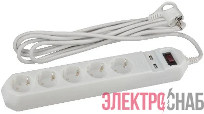 Удлинитель с сетевым фильтром 5х1.5м USF-5es-1.5m-USB-W с заземл с выкл. ПВС 3х0.75 5гн+2USB бел. ЭРА Б0019037