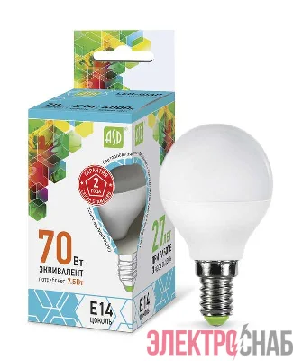 Лампа светодиодная LED-ШАР-standard 7.5Вт ШАР 4000К бел. E14 675лм 160-260В ASD 4690612003979