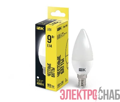 Лампа светодиодная 9Вт C35 свеча 4000К нейтр. бел. E14 230В IEK LLE-C35-9-230-40-E14