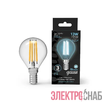 Лампа светодиодная филаментная Black Filament 13Вт P45 шар 4100К нейтр. бел. E14 1150лм GAUSS 105801213