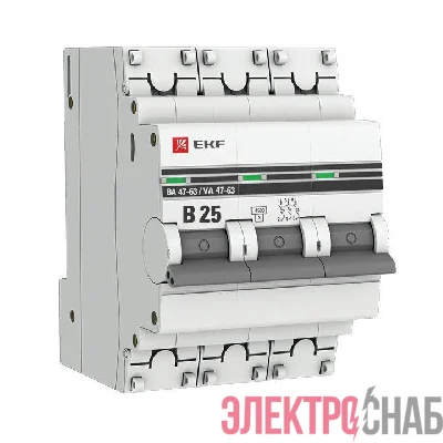 Выключатель автоматический модульный 3п B 25А 4.5кА ВА 47-63 PROxima EKF mcb4763-3-25B-pro