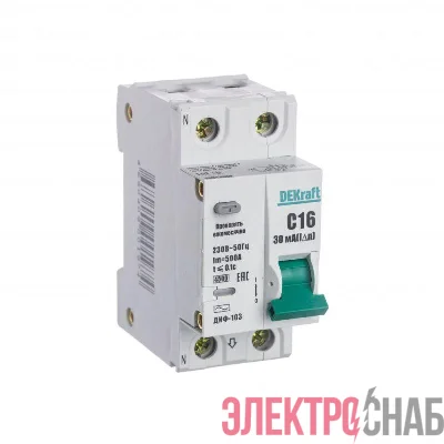 Выключатель автоматический дифференциального тока 2п (1P+N) C 16А 30мА тип AC 4.5кА ДИФ-103 со встроен. защит. от сверхтоков DEKraft 16013DEK
