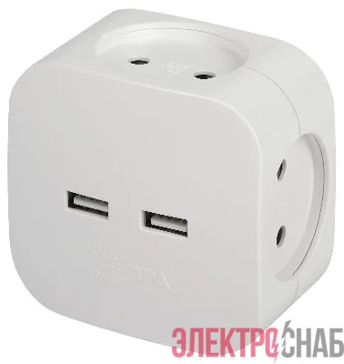 Разветвитель электрический SP-4-USB-W на 4 розетки 220В+ 2xUSB 2400мА без заземл 10А бел. Эра Б0049532