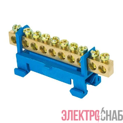 Шина нулевая N 6х9 10 отверстий синий изолятор тип &quot;Стойка&quot; на DIN-рейку латунь розн. стикер PROxima EKF sn0-63-10-sb-r