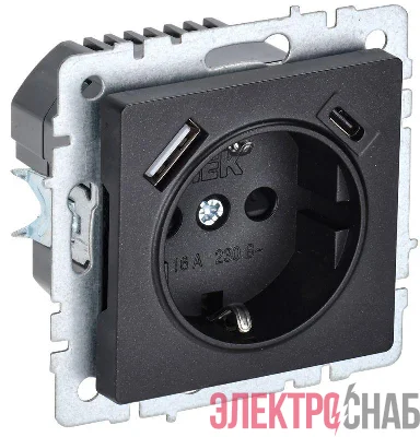 Розетка BRITE РЮш11-1-БрЧ 16А с USB A+C 18Вт с заземл. защ. шторки механизм черн. IEK BR-R14-16-U22-018-K02