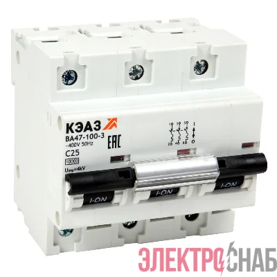 Выключатель автоматический модульный 3п C 25А 10кА ВА47-100-3C25-УХЛ3 КЭАЗ 318140