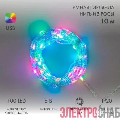 Гирлянда светодиодная смарт "Роса" "Нить" с крупными светодиодами 10м 100LED RGB IP20 USB провод прозр. Neon-Night 245-019
