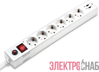 Удлинитель с сетевым фильтром 6х3м с заземл. 10А IP20 BU-SP3_USB_2A-W 2.2кВт CCA бел. BURO 992311