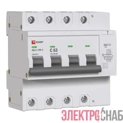 Выключатель автоматический дифференциального тока C 63А  30мА тип AC 6кА АД-4  (электрон.) защита 270В PROxima EKF DA4-6-63-30-pro