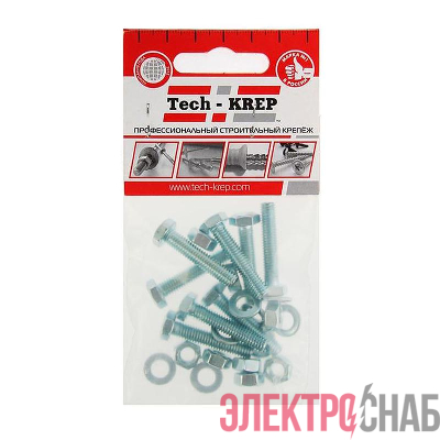 Болт с шестигранной головкой М6х30 DIN 933 класс прочн. 8.8 с гайкой и шайбой оцинк. (пакет) (уп.8шт) Tech-Krep/Zitar 114051