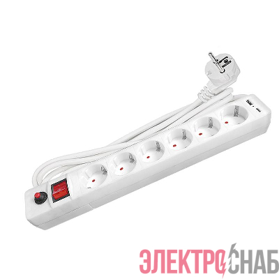 Удлинитель с сетевым фильтром 6х3м с заземл. 10А IP20 2.2кВт USB type-A + type-C ПВС 3х0.75 с выкл. бел. UNIVersal 2544