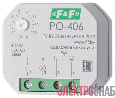 Реле времени PO-406 8А 230В 1НО IP20 задержка выключ./управ. контактом монтаж в коробку d-60мм F&F EA02.001.019