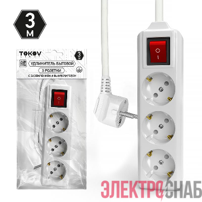 Удлинитель 3х3м с заземл. с выкл. 10А 3х1.5 TOKOV ELECTRIC TKL-C01-BU3-3-1.5-ZV