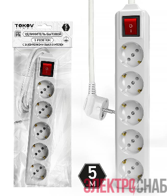 Удлинитель 5х5м с заземл. с выкл. 10А 3х1.5 TOKOV ELECTRIC TKL-C01-BU5-5-1.5-ZV