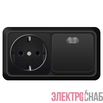 Блок ОП Олимп 1-кл. выкл. с подсветкой 10А + роз. с заземл. 16А 220В горизонт. черн. Universal 7946808