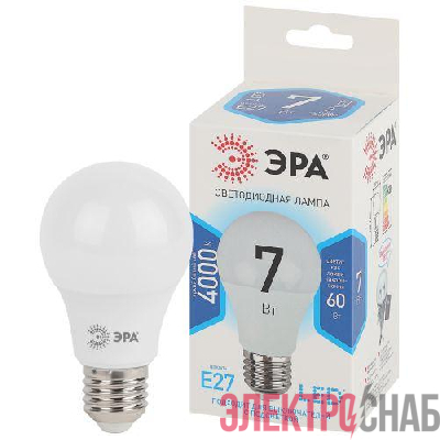 Лампа светодиодная A60-7w-840-E27 грушевидная 560лм ЭРА Б0029820