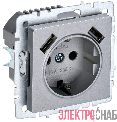 Розетка BRITE РЮш10-2-БрА 16А с USB A+A 3.1А с заземл. защ. шторки механизм алюм. IEK BR-R14-16-U21-D31-K47
