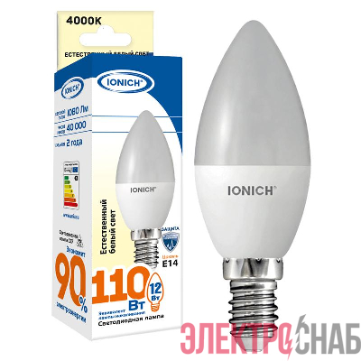 Лампа светодиодная C37 12Вт свеча 4000К E14 230В IONICH 1640