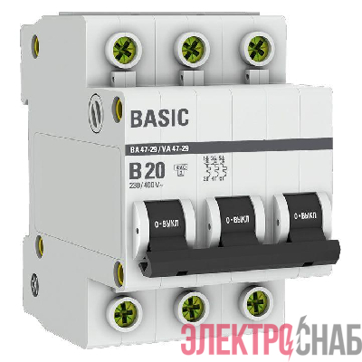 Выключатель автоматический модульный 3п B 20А 4.5кА ВА 47-29 Basic EKF mcb4729-3-20-B