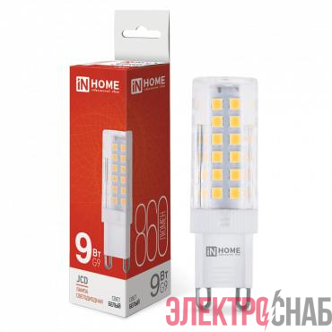Лампа светодиодная LED-JCD 9Вт капсульная прозрачная 4000К нейтр. бел. G9 860лм 230В IN HOME 4690612036380
