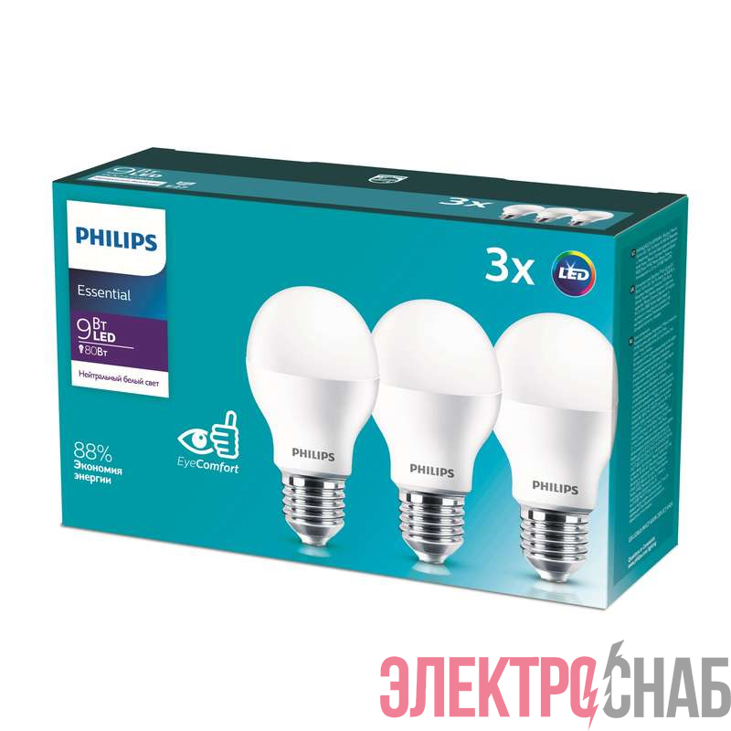 Лампа светодиодная ESS LEDBulb 9Вт E27 4000К 230В 3CT/4 RCA (уп.3шт) Philips 929001962847 / 871869961622900