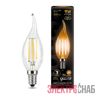 Лампа светодиодная филаментная Black Filament 9Вт свеча на ветру 2700К тепл. бел. E14 680лм GAUSS 104801109