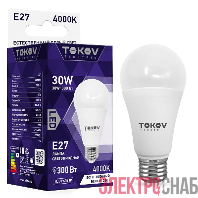 Лампа светодиодная 30Вт А70 4000К Е27 176-264В TOKOV ELECTRIC TKE-A70-E27-30-4K
