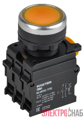 Кнопка d22мм 1НО+1НЗ MASTER с подсветкой и фиксацией желт. IEK MI-BT60-11TD-3-11-K05