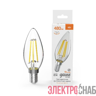 Лампа светодиодная филаментная Basic Filament 4Вт Свеча 3000К E14 480лм GAUSS 50312142