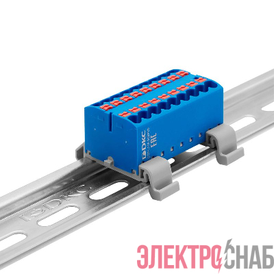 Блок распределительный с горизонт. адаптером на рейку шир. 35мм зажим push-in 18 точек подключения 2.5кв.мм син. DKC DTP1-018-04SPUB-H