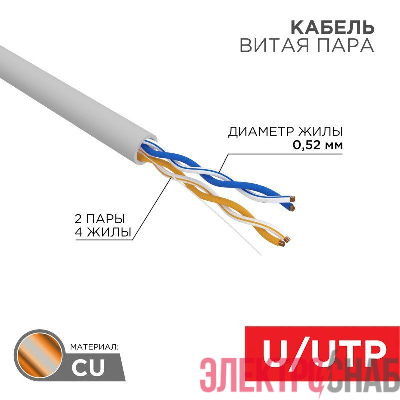 Кабель витая пара U/UTP CAT 5E ZH нг(А)-HF 2х2х0.52мм 24AWG INDOOR SOLID сер. (305м) PRO Rexant 02-0002