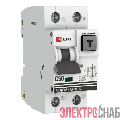 Выключатель автоматический дифференциального тока 2п C 50А 100мА тип A 6кА АВДТ-63 2мод. электрон. PROxima EKF DA63-50-100e