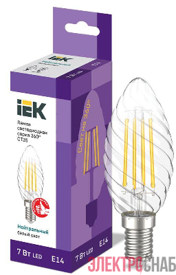 Лампа светодиодная филаментная 360° 7Вт CT35 свеча витая 4000К нейтр. бел. E14 230В IEK LLF-CT35-7-230-40-E14-CL