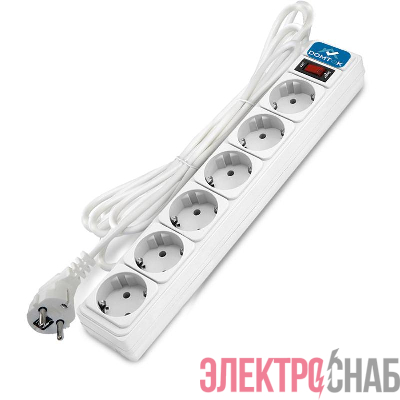 Удлинитель с сетевым фильтром 6х1.8м с заземл 10А IP20 2.2кВт ПВС 3х1 с выкл. бел. DOMTOK 2515