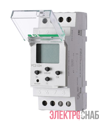 Реле времени астрономическое PCZ-524 24-264В AC/DC 16А 1 переключ. контакт IP20 1 канал F&F EA02.002.004